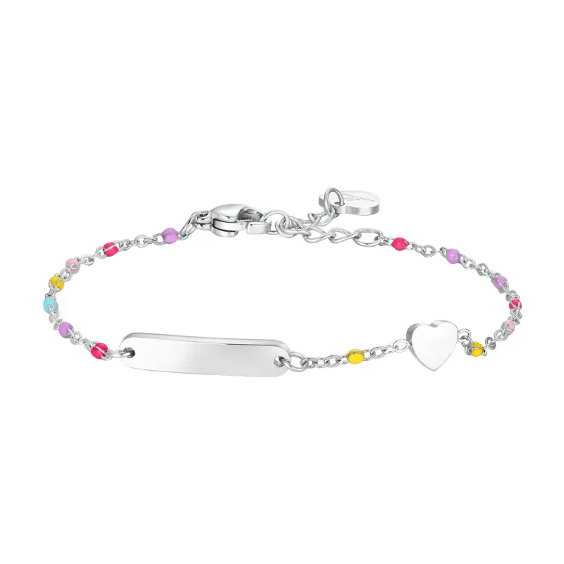 Luca Barra BRACCIALE BAMBINA IN ACCIAIO CON PIASTRA, CUORE ED ELEMENTI MULTICOLOR