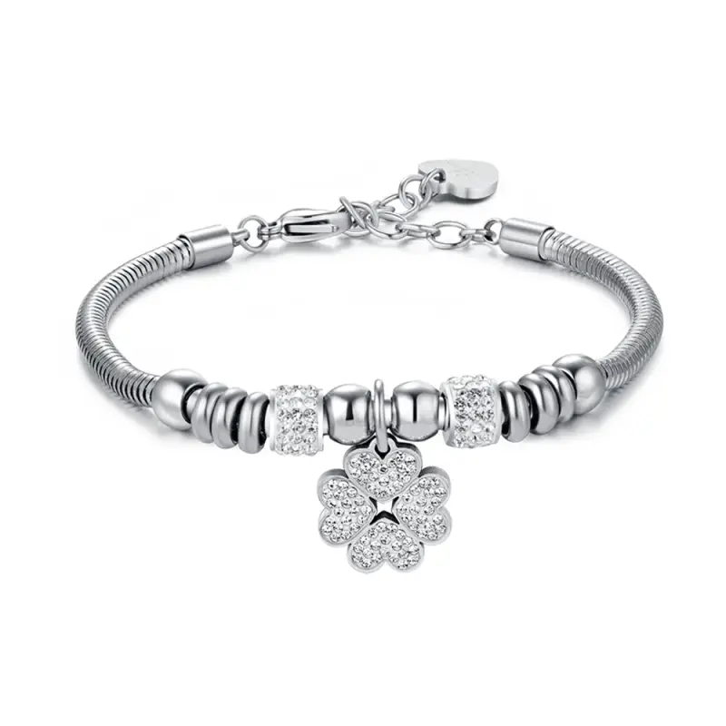 Luca Barra BRACCIALE DONNA IN ACCIAIO CON QUADRIFOGLIO CON CRISTALLI BIANCHI, Argento