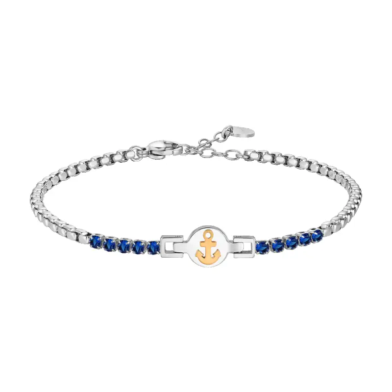 Luca Barra BRACCIALE TENNIS UOMO IN ACCIAIO CON ANCORA IP ROSE E ZIRCONI BLU