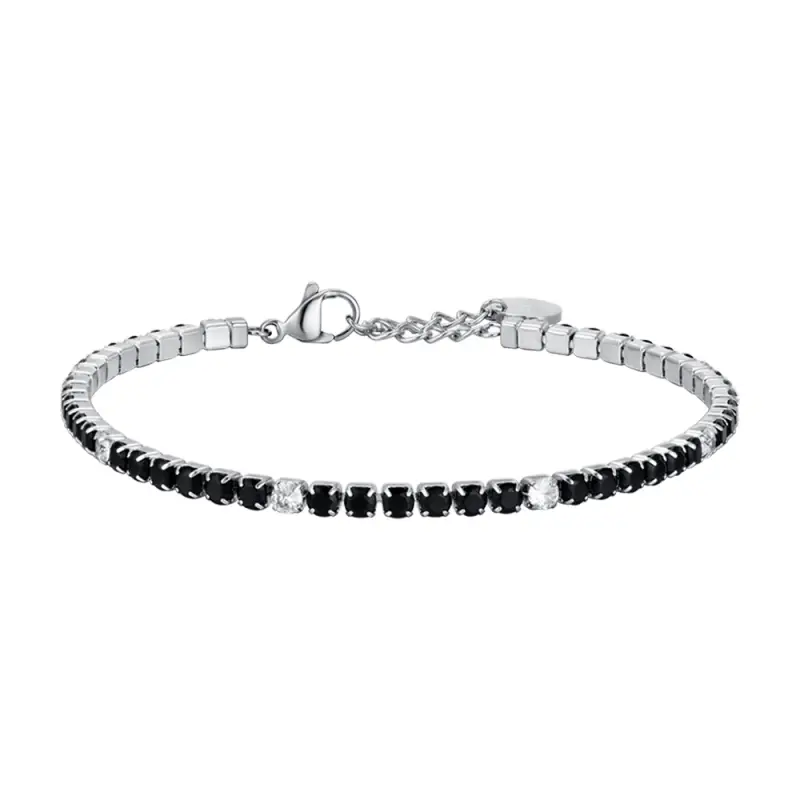 Luca Barra BRACCIALE TENNIS UOMO IN ACCIAIO CON CRISTALLI NERI E BIANCHI