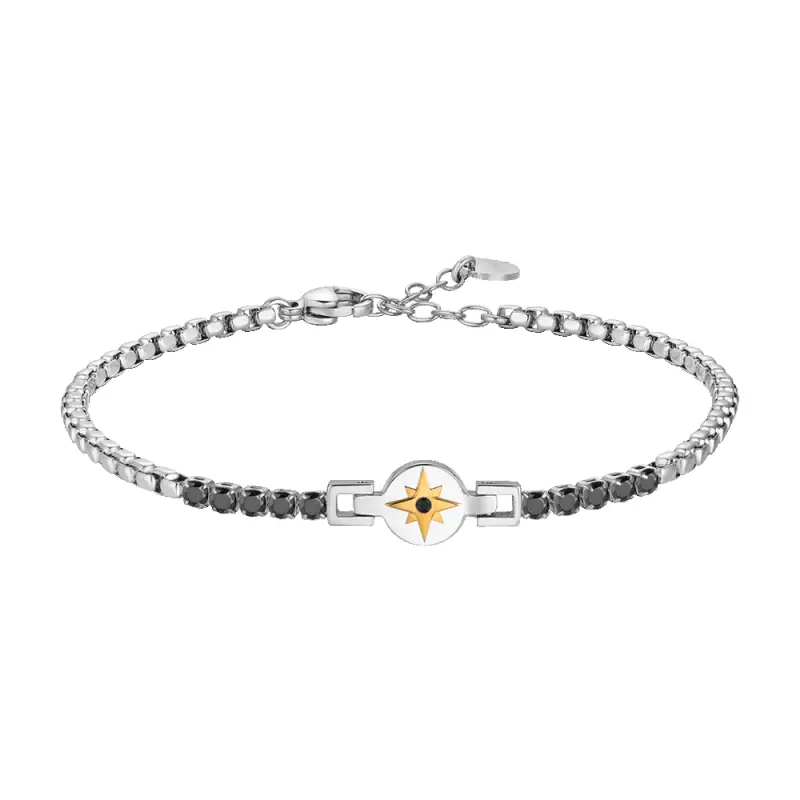 Luca Barra BRACCIALE TENNIS UOMO IN ACCIAIO CON ROSA DEI VENTI IP ROSE E ZIRCONI NERI