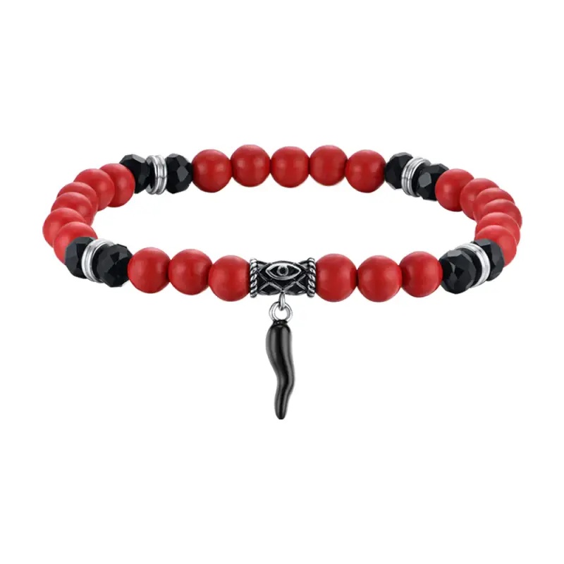 Luca Barra BRACCIALE UOMO ELASTICO CON PIETRE ROSSE E NERE E CORNO NERO