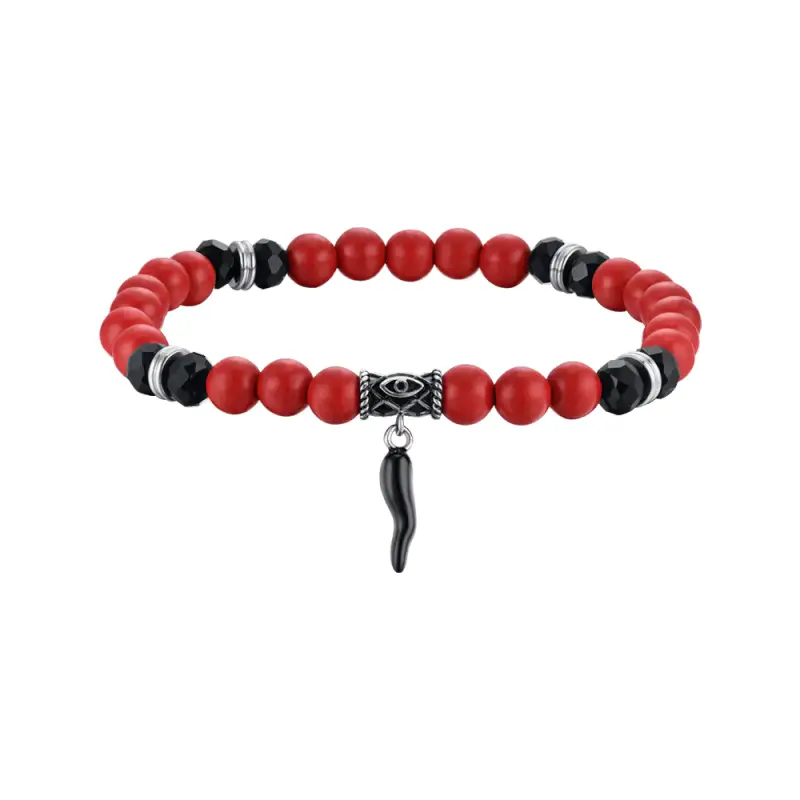 Luca Barra BRACCIALE UOMO ELASTICO CON PIETRE ROSSE E NERE E CORNO NERO