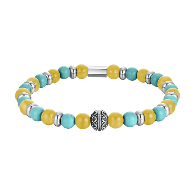 Luca Barra BRACCIALE UOMO ELASTICO CON PIETRE TURCHESI E GIALLE ED ELEMENTI IN ACCIAIO