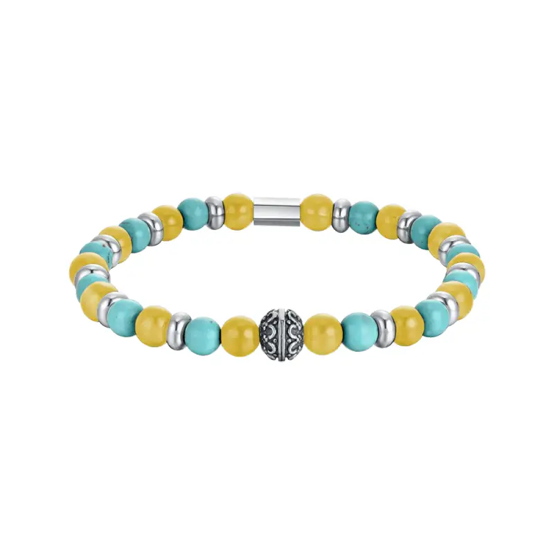 Luca Barra BRACCIALE UOMO ELASTICO CON PIETRE TURCHESI E GIALLE ED ELEMENTI IN ACCIAIO