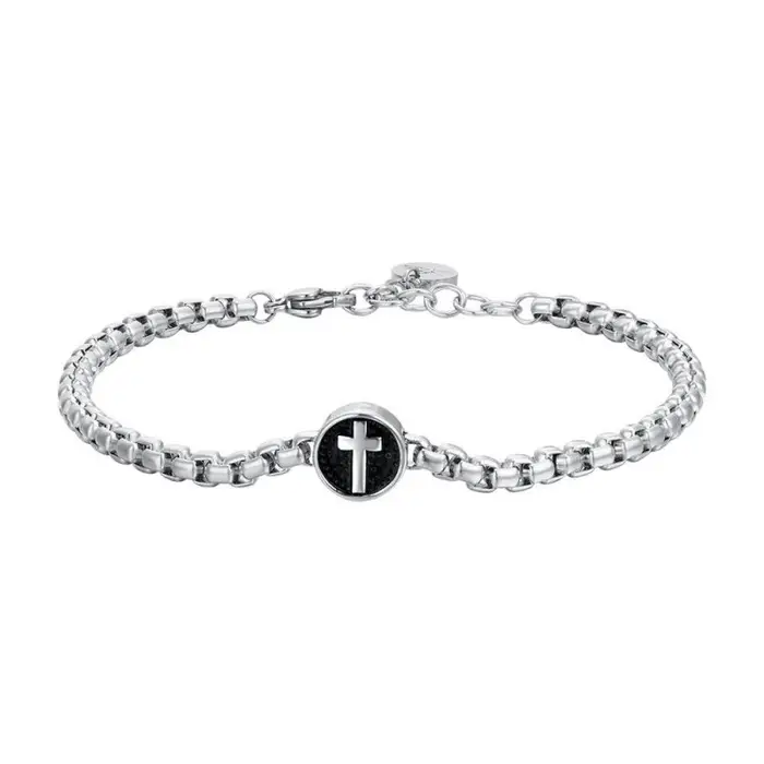 LUCA BARRA Bracciale Uomo In Acciaio Con Croce Smalto Nero