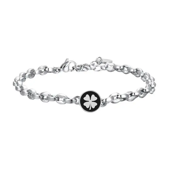 LUCA BARRA Bracciale Uomo In Acciaio Quadrifoglio Smalto Nero