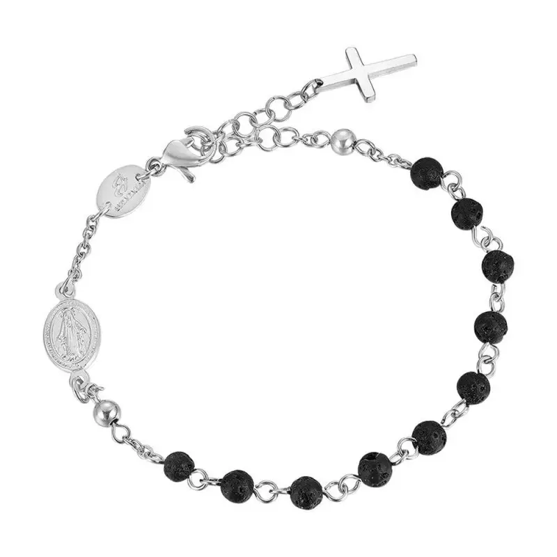 LUCA BARRA Bracciale Uomo Rosario In Acciaio E Pietra Lavica