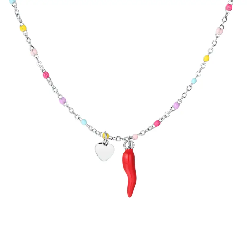 Luca Barra COLLANA BAMBINA IN ACCIAIO CON CORNO ROSSO, CUORE SILVER ED ELEMENTI MULTICOLOR