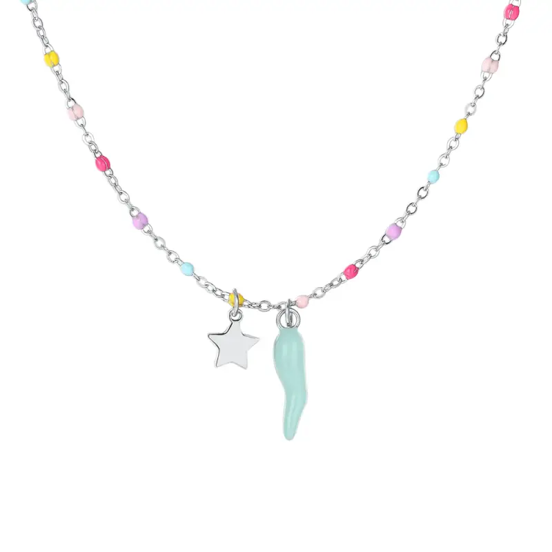 Luca Barra COLLANA BAMBINA IN ACCIAIO CON CORNO TURCHESE,STELLA ED ELEMENTI MULTICOLOR