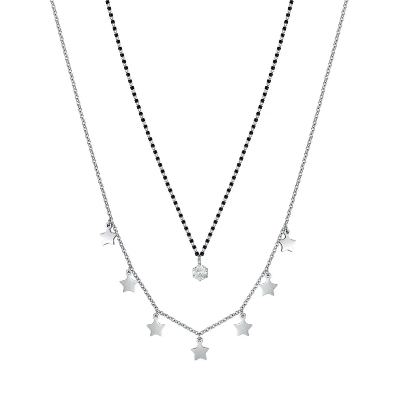 Luca Barra COLLANA DONNA IN ACCIAIO CON STELLE, ELEMENTI IP NERO E CRISTALLO BIANCO