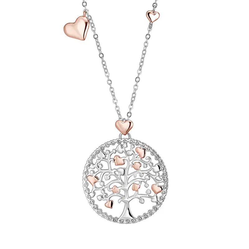 Luca Barra COLLANA DONNA LUNGA IN ACCIAIO ALBERO DELLA VITA CON ELEMENTI IN ROSE