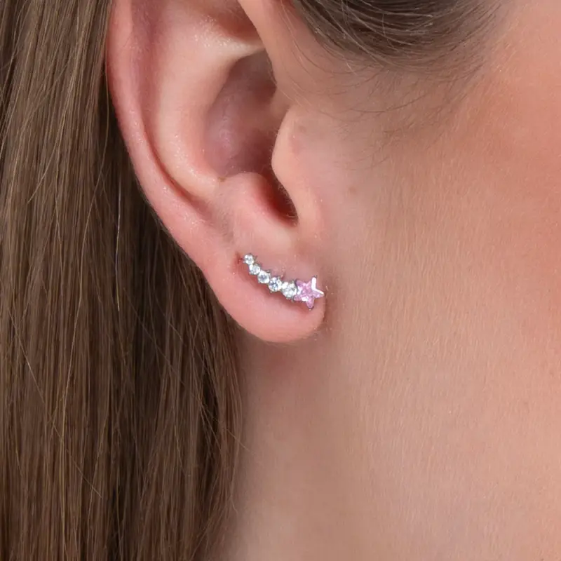 Luca Barra MONO ORECCHINO DONNA IN ACCIAIO STELLA ROSA E CRISTALLI BIANCHI