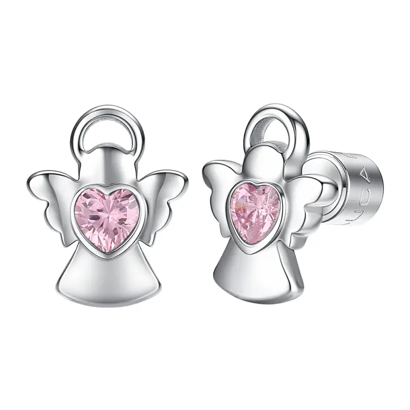 Luca Barra ORECCHINI BAMBINA IN ACCIAIO ANGELO CON ZIRCONE ROSA