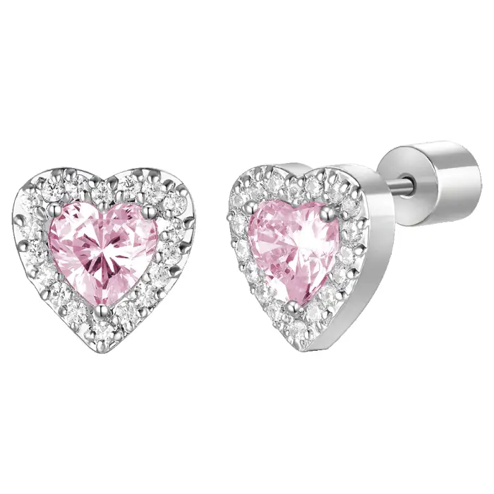 ORECCHINI DONNA IN ACCIAIO CON CUORI CON ZIRCONI ROSA E BIANCHI