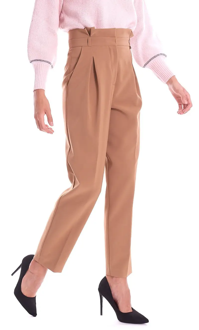 LUCKYLU Pantalone vita alta con pinces cammello, colore cammello