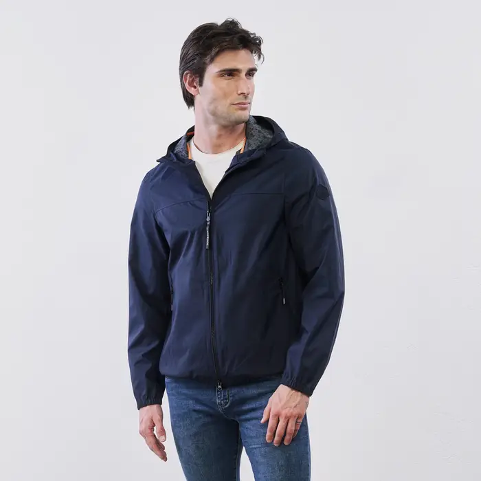 LUMBERJACK Giacca a vento blu navy da uomo con cappuccio e fodera stampata