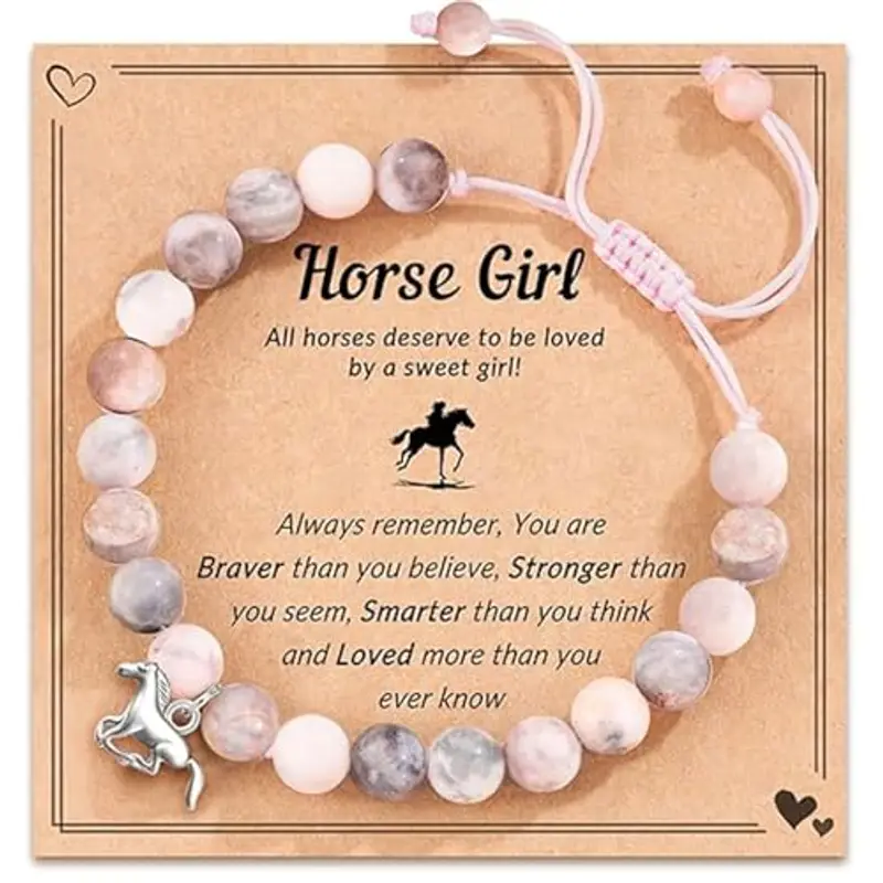 LunarCharm Bracciale con ciondolo a forma di cavallo, in pietra naturale rosa, regalo di cavallo, per ragazza, nipote, figlia, nipote che