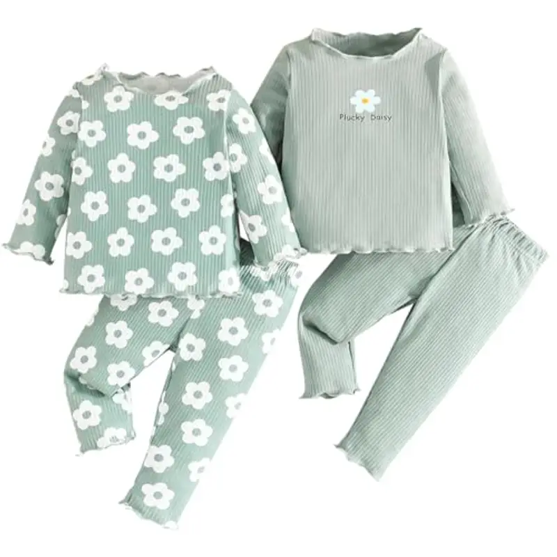 LUVCES Set di Vestiti per Bambine Maniche Lunghe con Volant a Coste Scollo Rotondo Magliette Top e Pantaloni 4 Pcs Home Completi 4Pcs