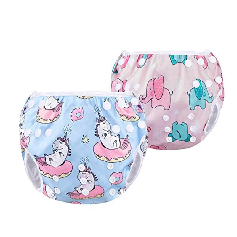 Luxja Riutilizzabile Pannolini da Nuoto (Confezione da 2), Impermeabile Pannolino Piscina, Costume Pannolino Neonato (0-3 Anni), Unicorno +