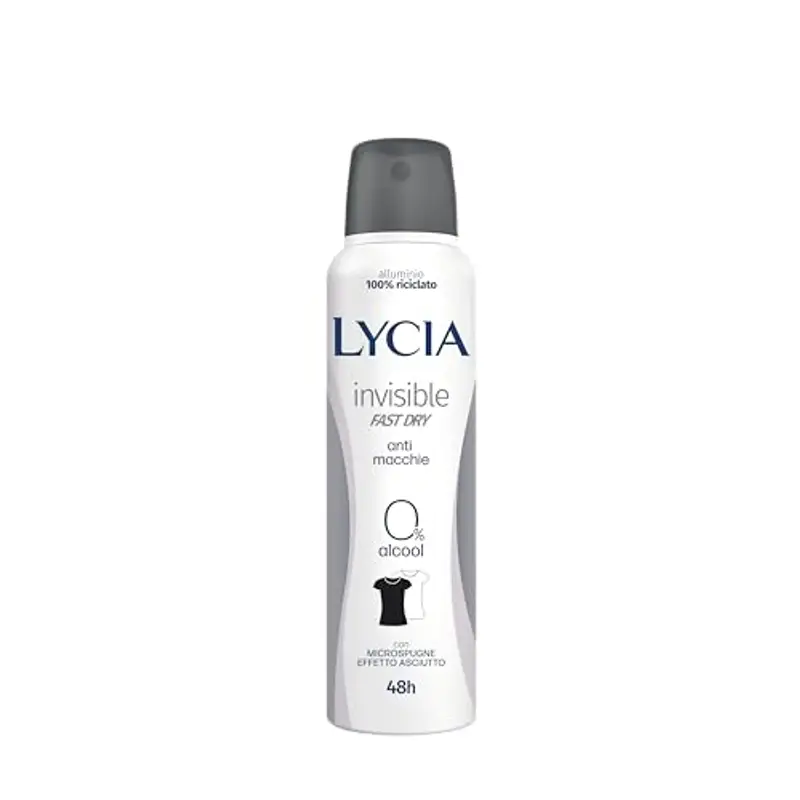 Lycia Invisible Deodorante Spray Antimacchia con Antibatterico, Formula Fast Dry Asciuga Rapidamente, Non Lascia Macchie o Aloni sui