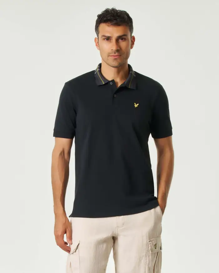 Lyle & Scott Polo mezza manica nera con colletto tartan check