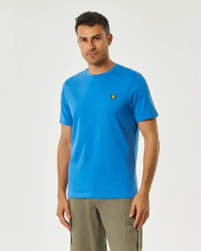 Lyle & Scott T-shirt mezza manica celeste in cotone con logo aquila gialla ricamata sul petto