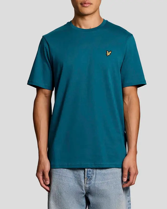 T-shirt Lyle & Scott mezza manica ottanio in cotone con logo aquila gialla ricamata sul petto