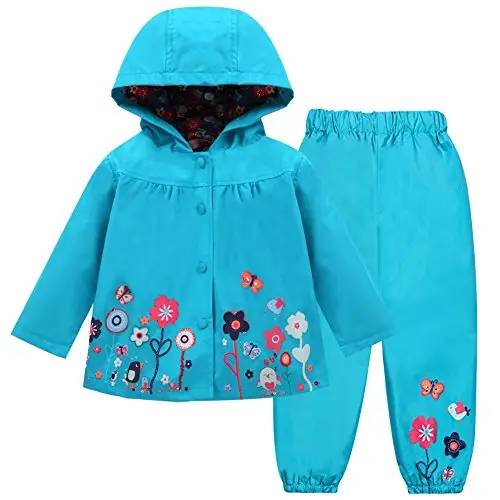 LZH Bambino Impermeabile Ragazza Pioggia Giacca con Cappuccio + Pantaloni Set, Blue, 1-2 anni （90）