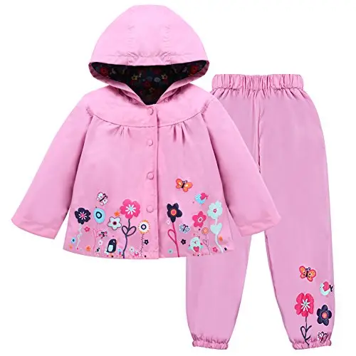 LZH Bambino Impermeabile Ragazza Pioggia Giacca con Cappuccio + Pantaloni Set, Pink, 3-4 anni （110）