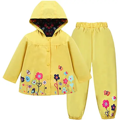 LZH Bambino Impermeabile Ragazza Pioggia Giacca con Cappuccio + Pantaloni Set, Yellow, 4-5 anni （120）