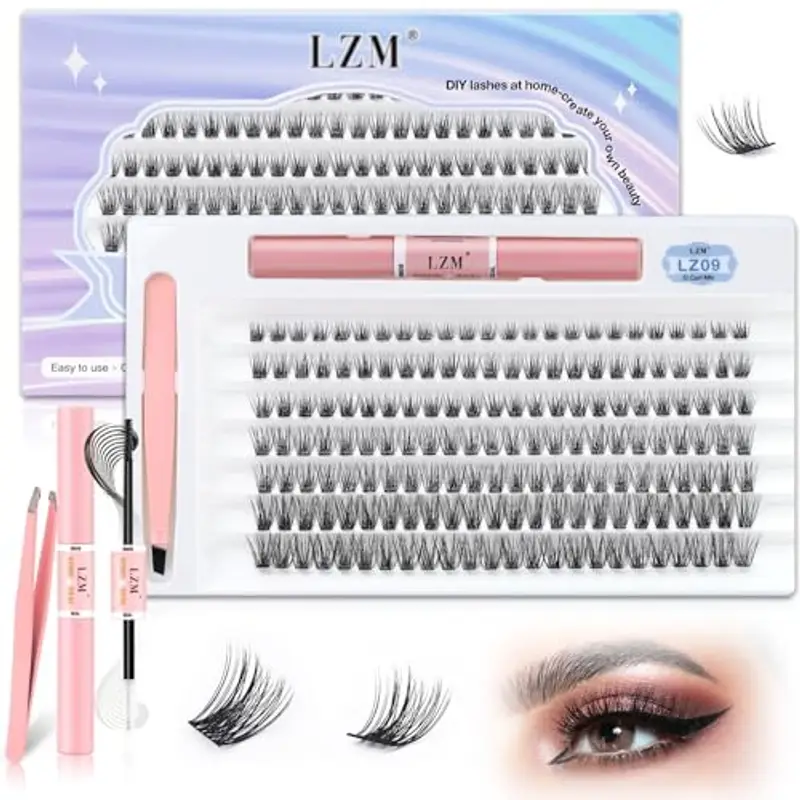 LZM 168pcs Kit Extension Ciglia Finte Ciuffetti D Curl 8-16mm Naturali Con Lash Bond and Seal Banda Sottile Lashes