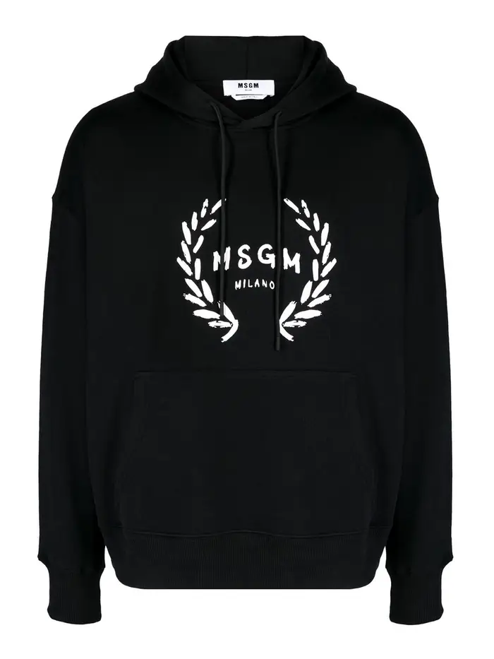 M S G M Felpa con cappuccio in cotone con stampa Nero