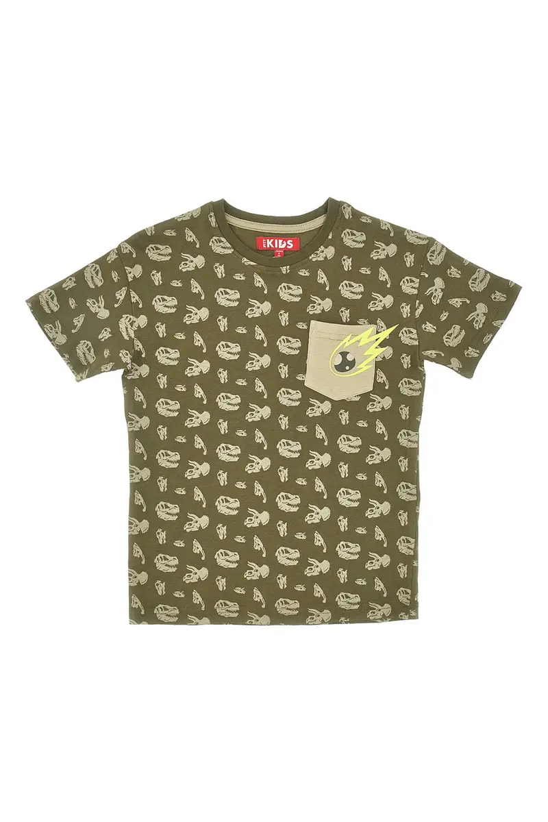 PITT KIDS Maglia Girocollo a Maniche Corte Verde con Stampe a Contrasto PT-K-T-7013