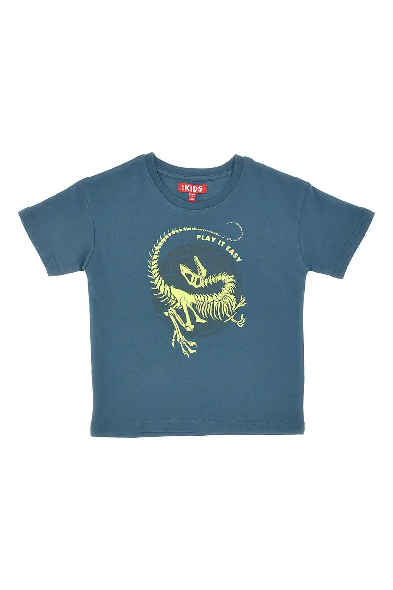 PITT KIDS Maglia Girocollo a Miche Corte Petrolio con Stampa Giallo Fluo PT-K-T-7011