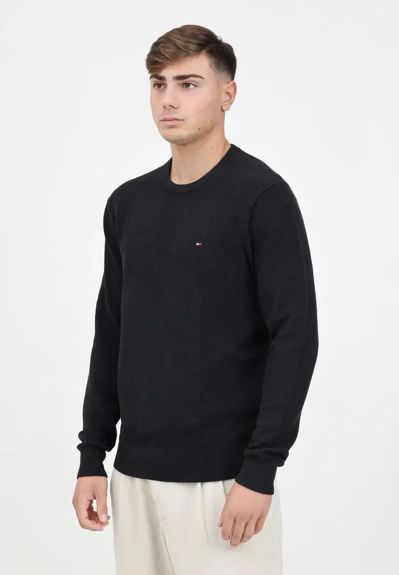 Tommy Hilfiger Maglioncino girocollo nero da uomo con ricamo bandierina
