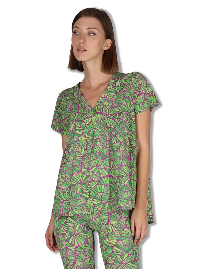 Maliparmi T-Shirt Shell in tessuto viola e verde con scollo a V Donna JK027970672 A5032