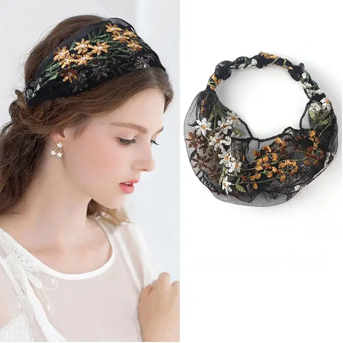 Fasce per capelli etniche femminili elastiche ricamate in pizzo con fiori fascia per capelli in chiffon lunetta per donne annodate incrociate accessori per capelli