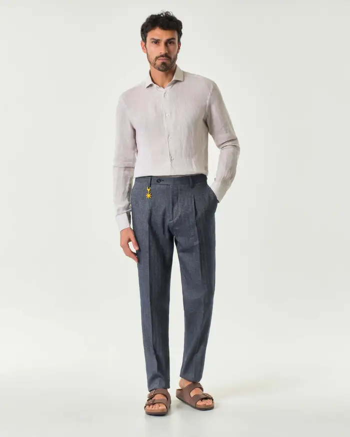 Pantalone chino blu in resca di cotone e lino