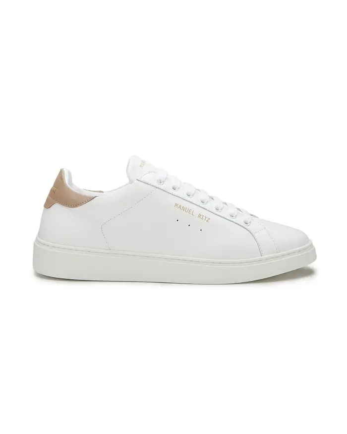 Sneakers bianche in pelle con tallone beige e logo scritta a lato