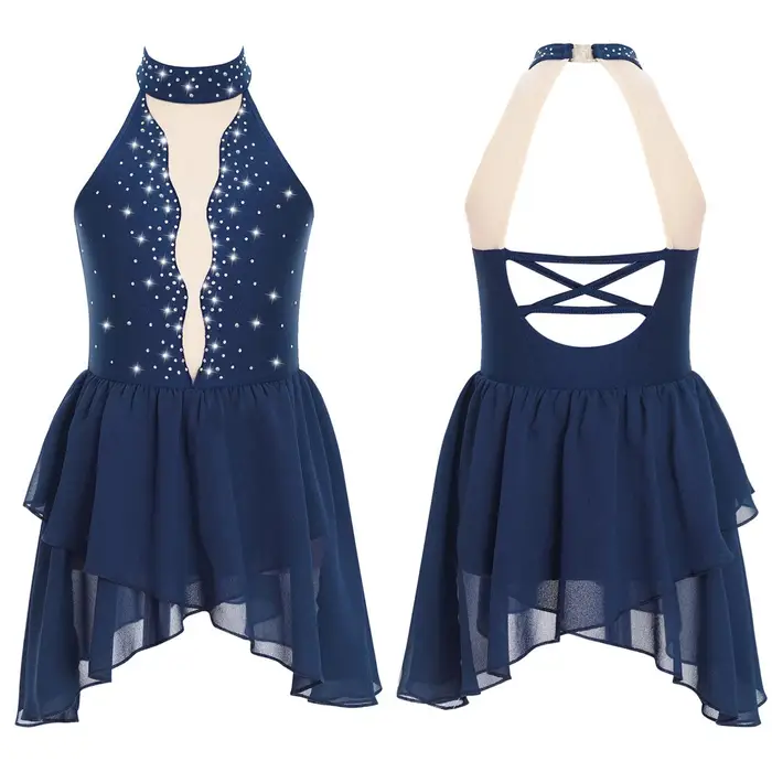 Manyakai Costume da ballo lirico per balletto per bambina con strass Costume da pattinaggio di figura senza maniche Body da ginnastica in
