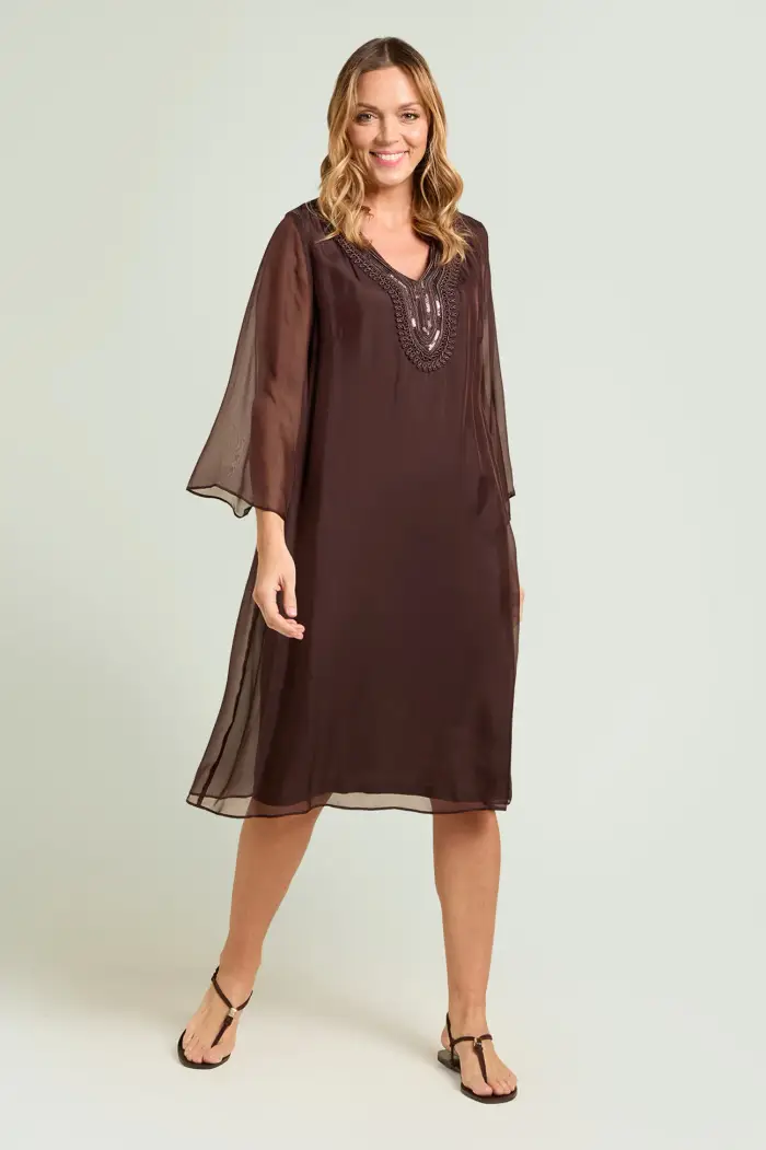 ABITO CAFTANO IN VOILE DI VISCOSA E SETA CON SCOLLO RICAMATO Donna