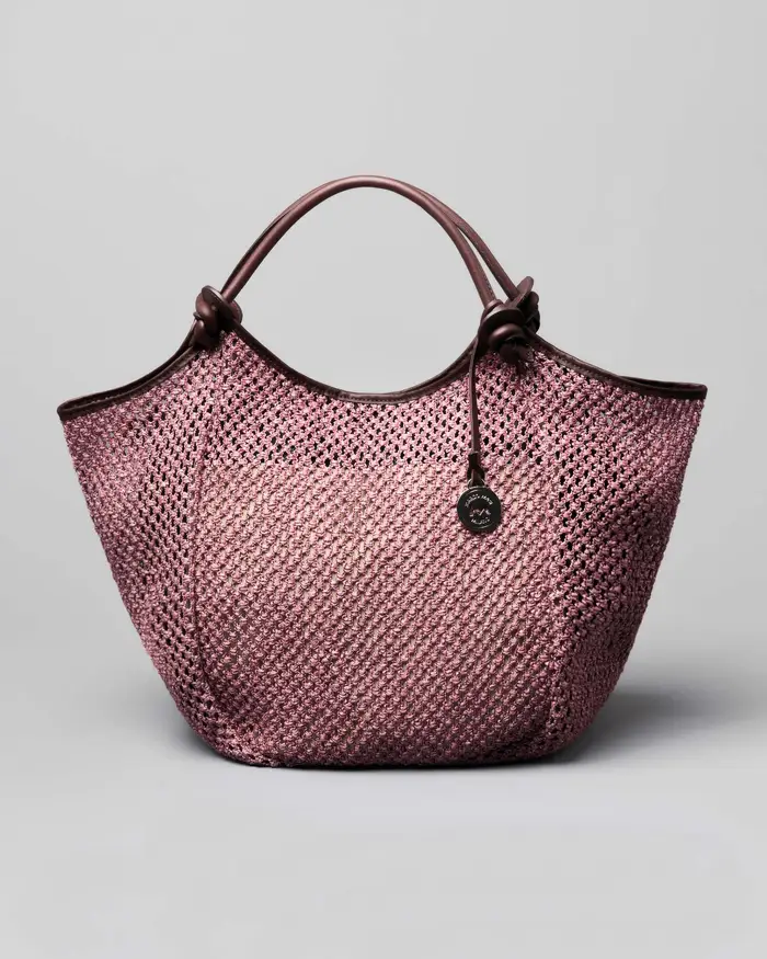 Borsa a spalla color malva Marco Masi in raffia intrecciata a rete con profili in pelle marrone