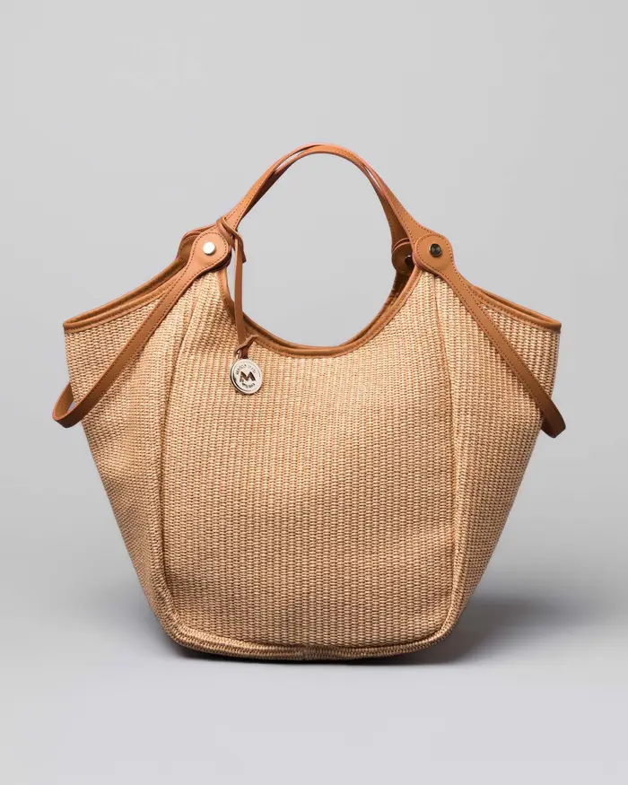 Borsa a spalla Marco Masi color naturale in raffia intrecciata misura grande con profili in pelle color cuoio e doppio manico