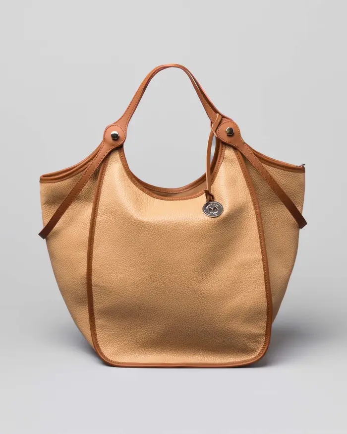 Borsa a spalla Marco Masi in pelle martellata color cammello con profili in pelle cuoio
