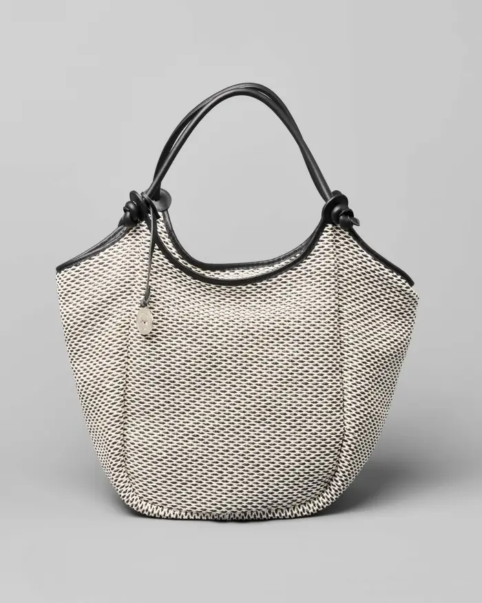 Borsa a spalla Marco Masi in raffia color ecrù e nera con profili in pelle nera