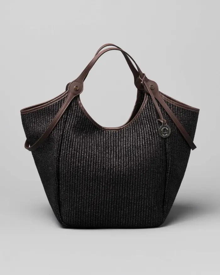 Borsa a spalla marrone Marco Masi in raffia intrecciata misura grande con profili in pelle tono su tono e doppio manico