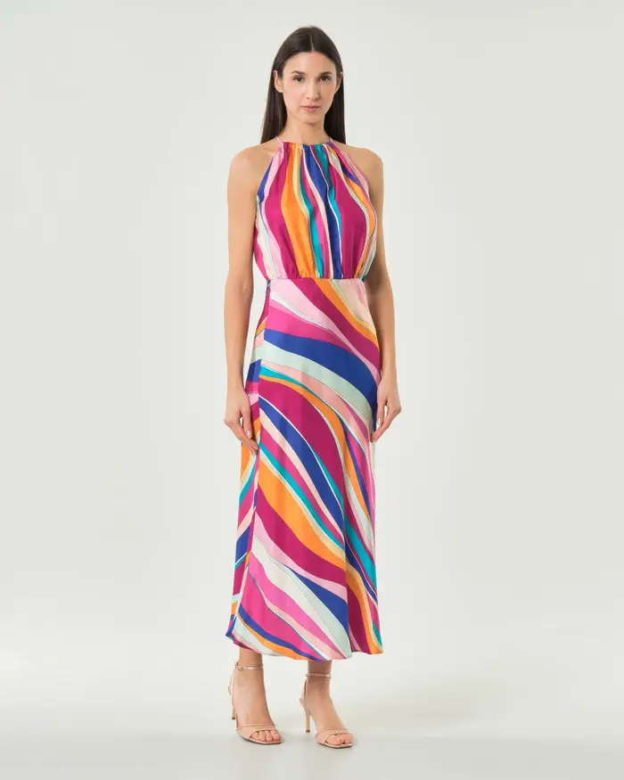 Marella Abito lungo in twill di seta multicolor con scollo halter e drappeggio