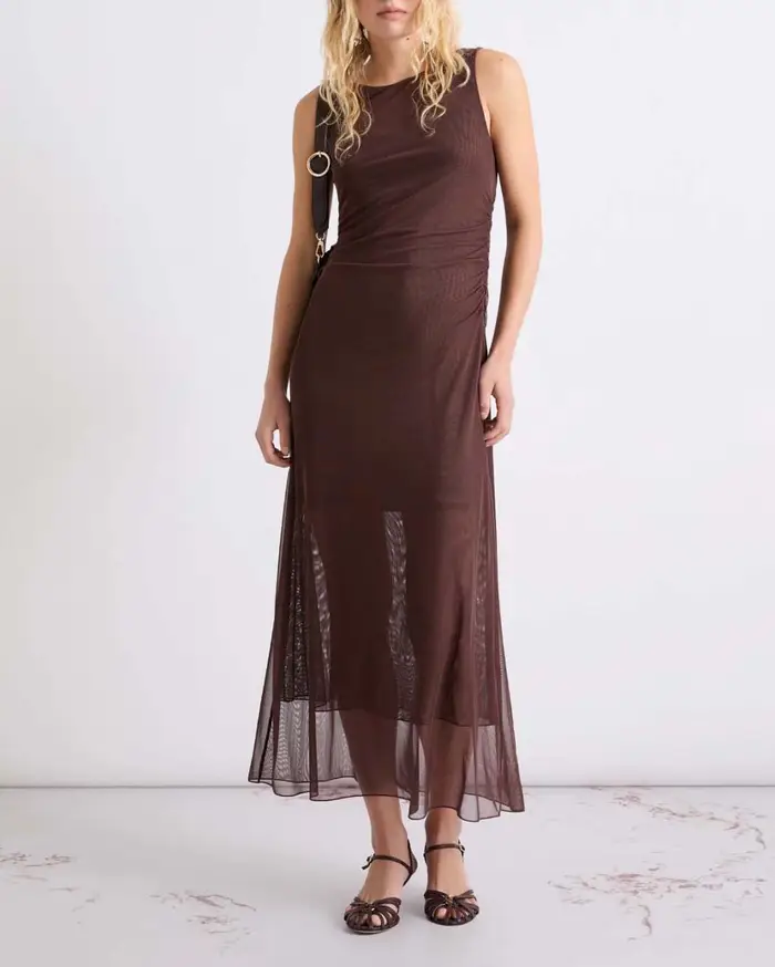 Marella Abito lungo marrone in tulle senza maniche con arricciatura sui fianchi