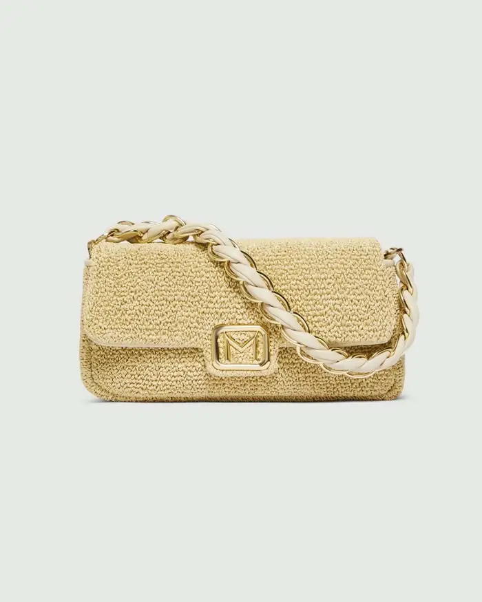 Borsa a mano Le Muse media Marella color burro effetto rafia con chiusura a patta e placca logata